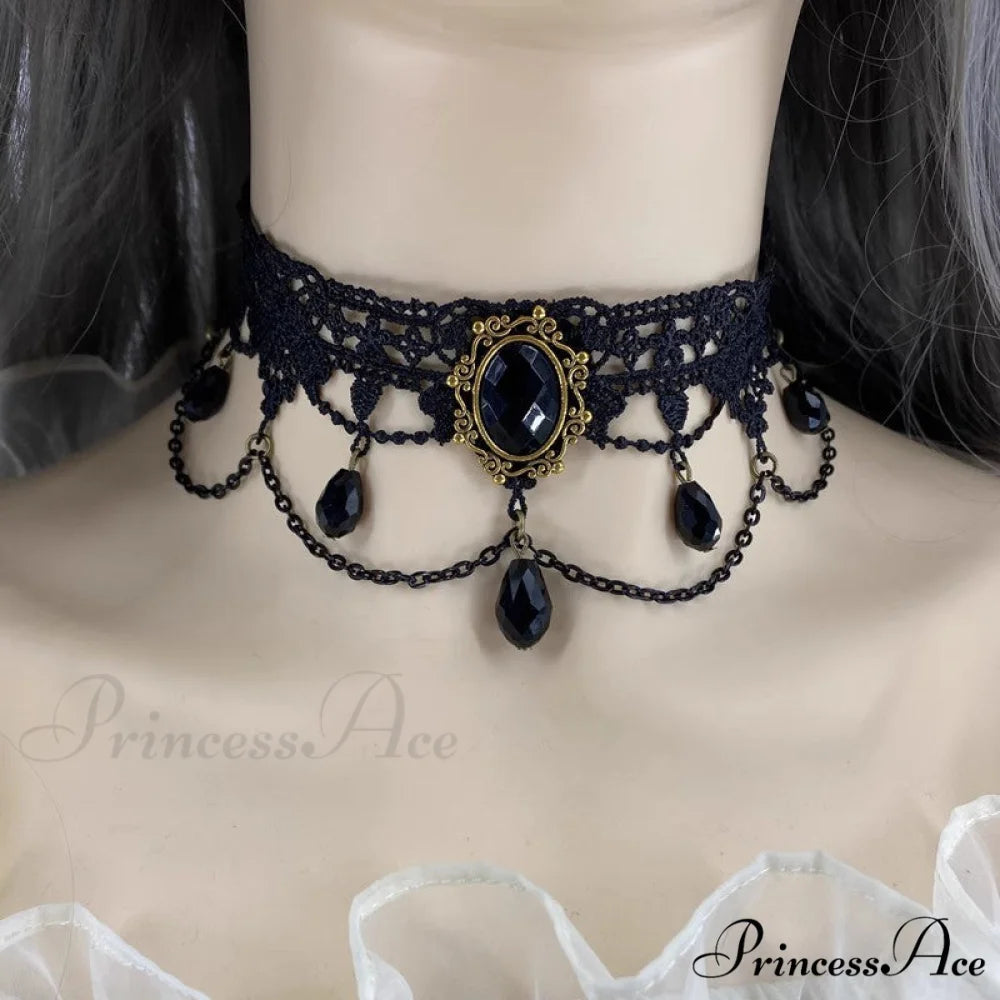 Gothic Retro Black Lace Tassel Collar Choker Necklace