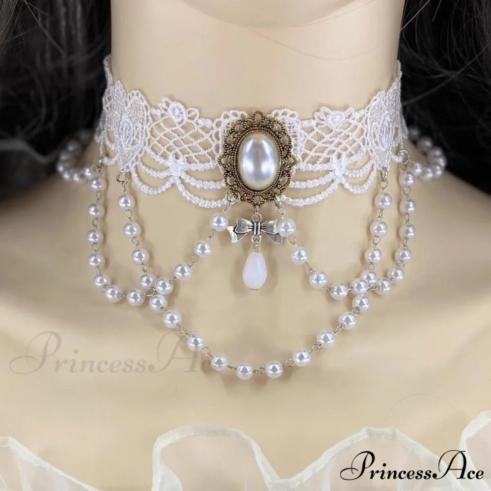 Gothic Retro Black Lace Tassel Collar Choker Necklace WHITE