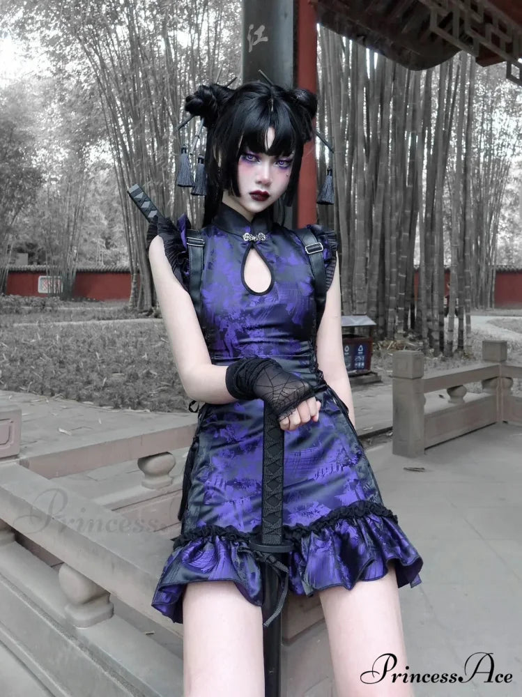 Gothic Retro Chinese Cheongsam Sleeveless Stand Collar Tassels Strap Mini Slim Sexy Punk Party Dress