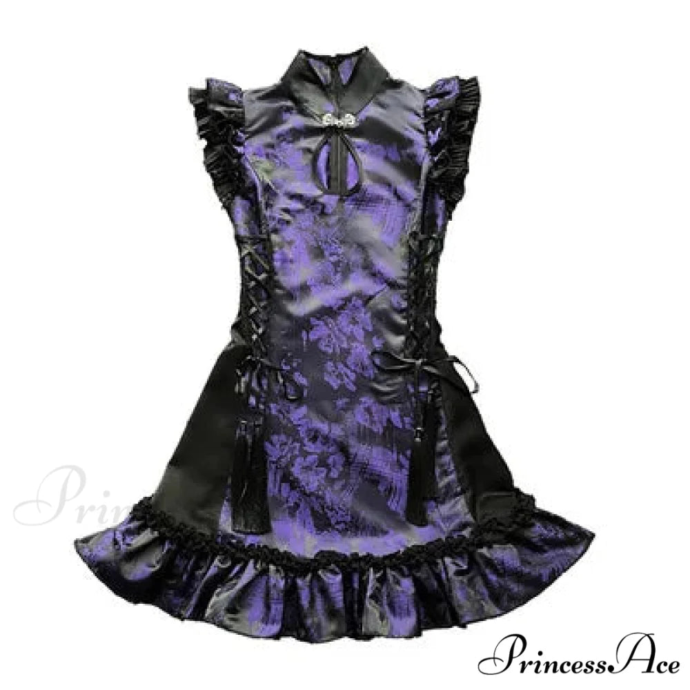 Gothic Retro Chinese Cheongsam Sleeveless Stand Collar Tassels Strap Mini Slim Sexy Punk Party Dress PURPLE / S
