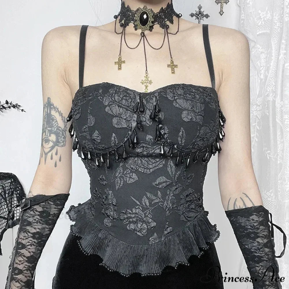 Gothic Retro Sexy Grunge Jacquard Bead Pendant Backless Crop Top Black / S
