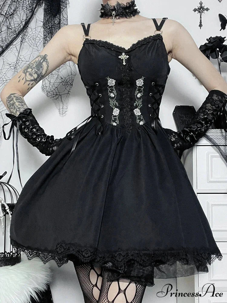 Gothic Sexy Black V Neck Lace Up Y2K Grunge Punk High Waist Lace Trim Party Dress