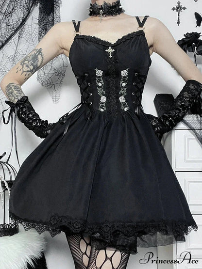 Gothic Sexy Black V Neck Lace Up Y2K Grunge Punk High Waist Lace Trim Party Dress