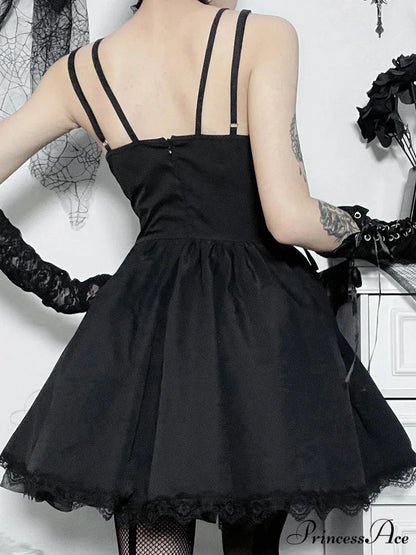Gothic Sexy Black V Neck Lace Up Y2K Grunge Punk High Waist Lace Trim Party Dress