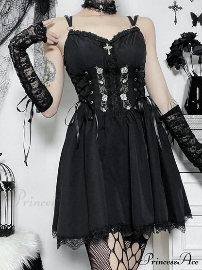 Gothic Sexy Black V Neck Lace Up Y2K Grunge Punk High Waist Lace Trim Party Dress
