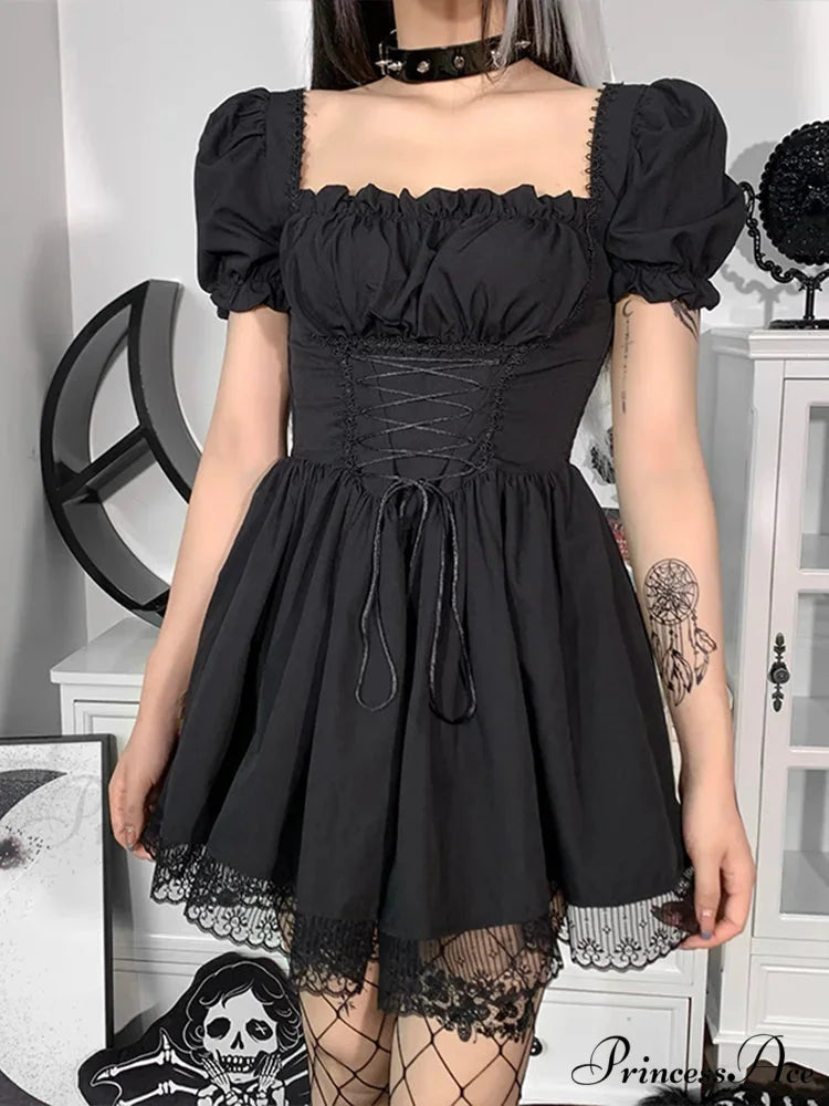 Gothic Sexy Black Y2K Harajuku Vintage Lolita Backless Mini Women Aesthetic Punk High Waist Party Dress BLACK 3 / S