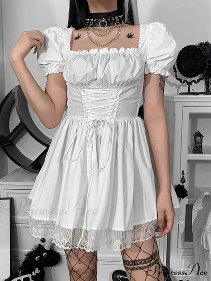Gothic Sexy Black Y2K Harajuku Vintage Lolita Backless Mini Women Aesthetic Punk High Waist Party Dress WHITE / S