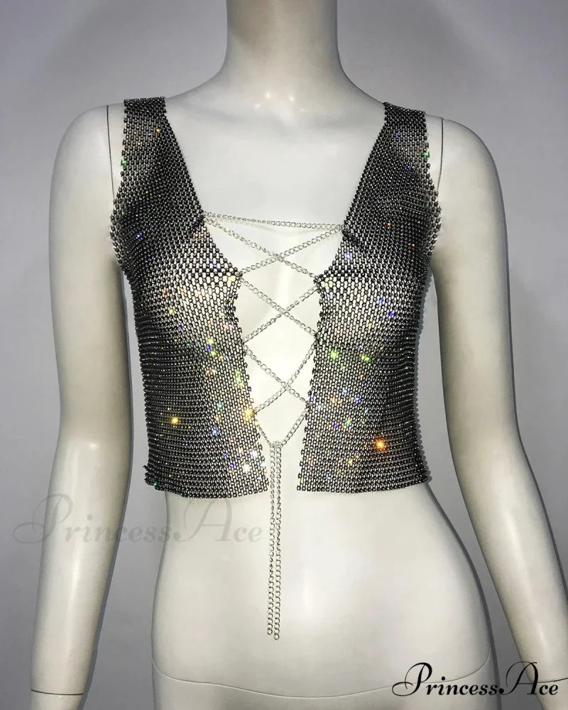Gothic Sexy Flash Drill Fishnet Body Chain Nightclub Crop Top Black / Suitable for 40-65kg
