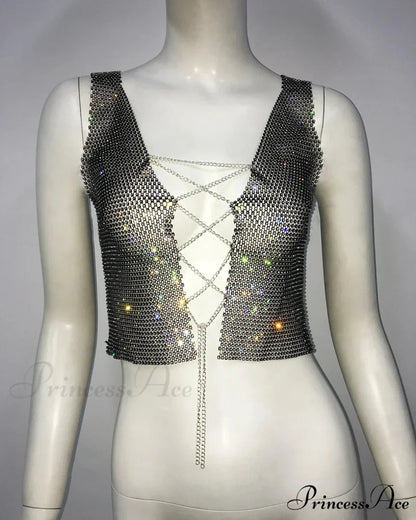 Gothic Sexy Flash Drill Fishnet Body Chain Nightclub Crop Top Black / Suitable for 40-65kg