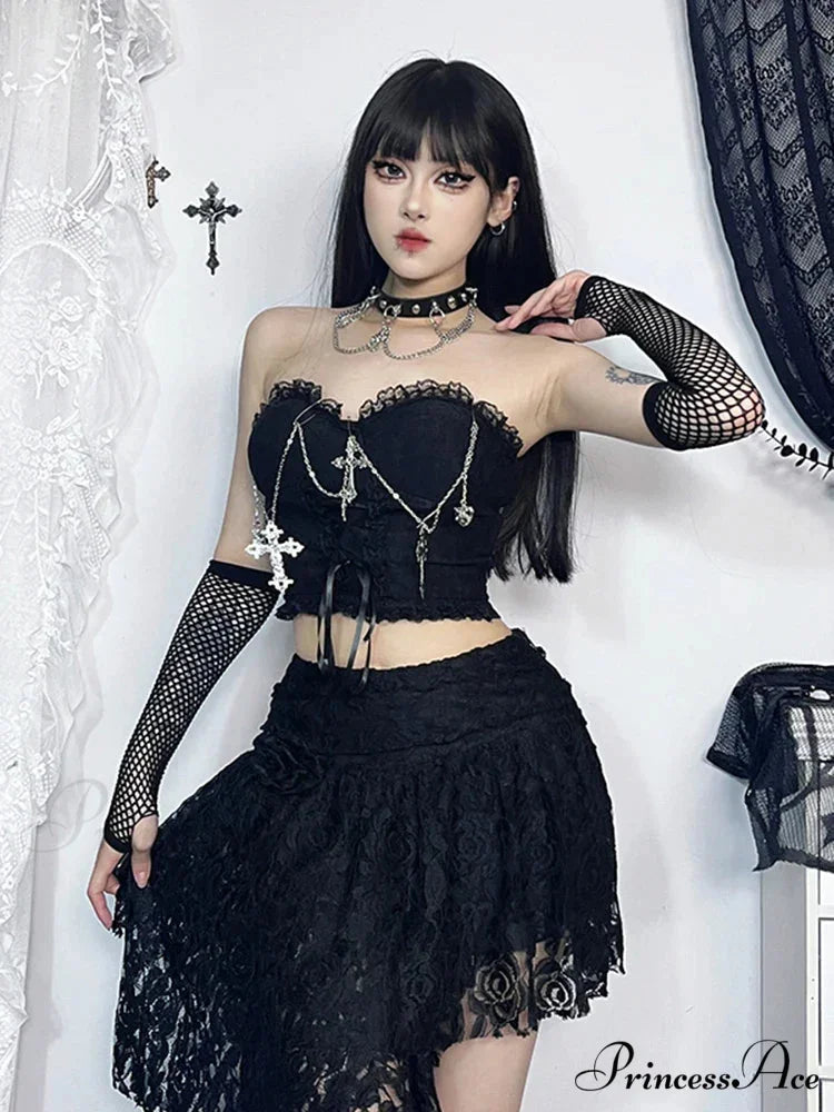 Gothic Sexy Harajuku Strapless E Girl Grunge Crop Top Black / S