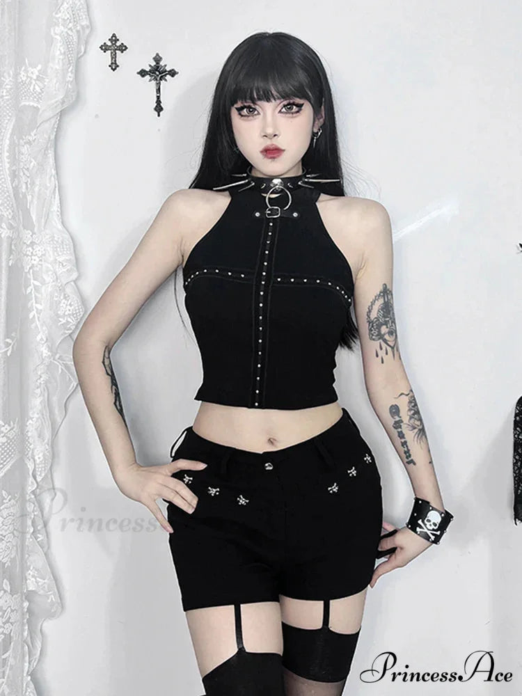 Gothic Sexy Punk Black Knit Bodycon Summer Darkness Harajuku Sleeveless Halter Crop Top Black / XS