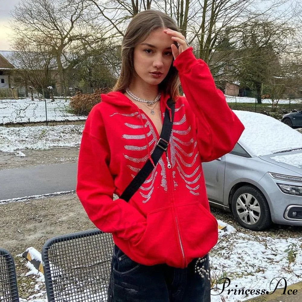 Gothic Skeleton Print Hoodies Red / M