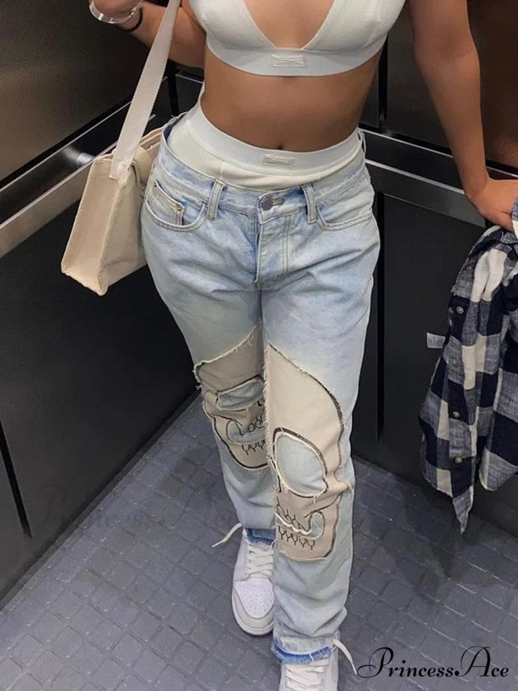 Gothic Skeleton Print Y2K Black Jeans