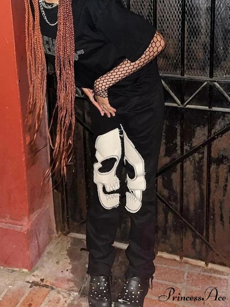 Gothic Skeleton Print Y2K Black Jeans