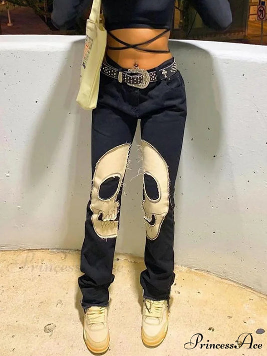 Gothic Skeleton Print Y2K Black Jeans