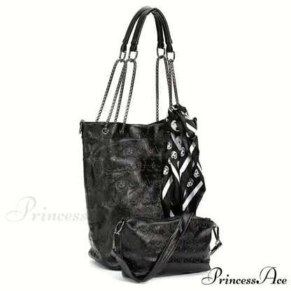 Gothic Skull Print Punk Scarf Decor Trendy Crossbody Tote Shoulder Bag Black