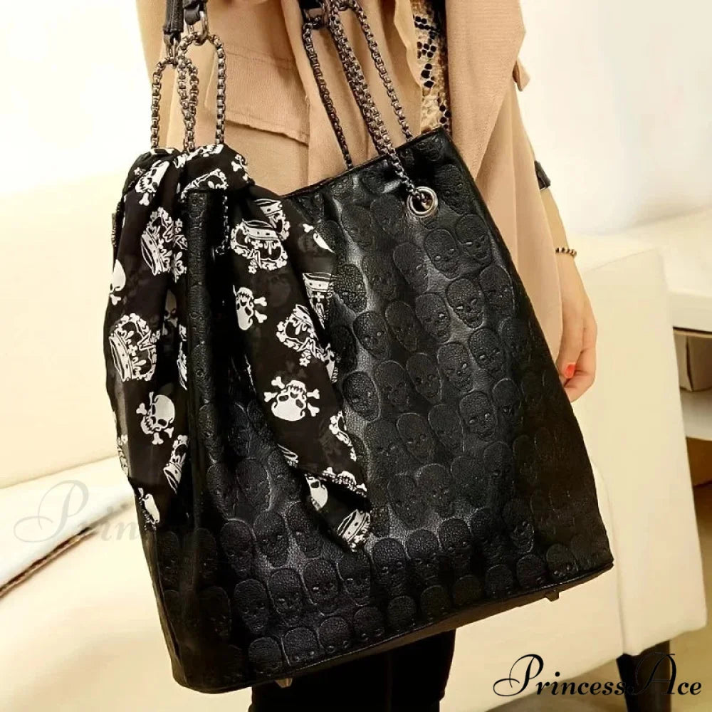 Gothic Skull Print Punk Scarf Decor Trendy Crossbody Tote Shoulder Bag Black
