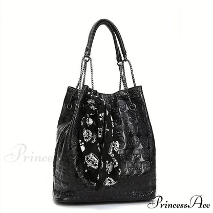 Gothic Skull Print Punk Scarf Decor Trendy Crossbody Tote Shoulder Bag Black