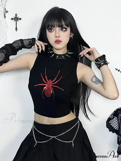 Gothic Spider Graphic Print Sleeveless Punk Alt Crop Top Black / S