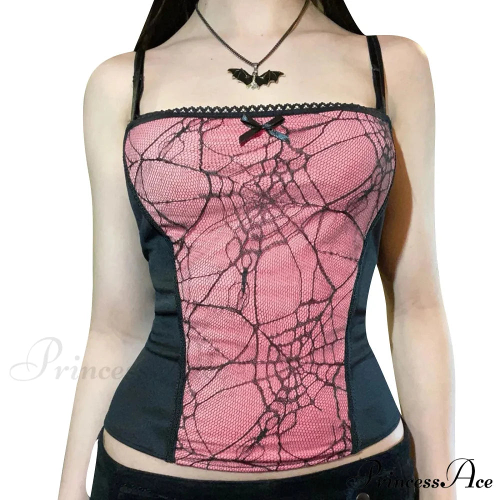 Gothic Spider Web Pattern Sleeveless Backless Zipper Crop Top Pink / S