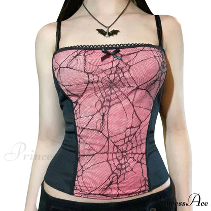 Gothic Spider Web Pattern Sleeveless Backless Zipper Crop Top Pink / S