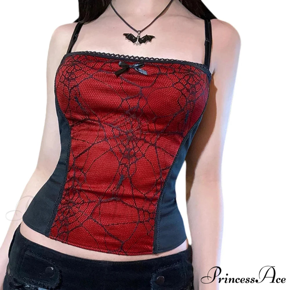Gothic Spider Web Pattern Sleeveless Backless Zipper Crop Top Red / S