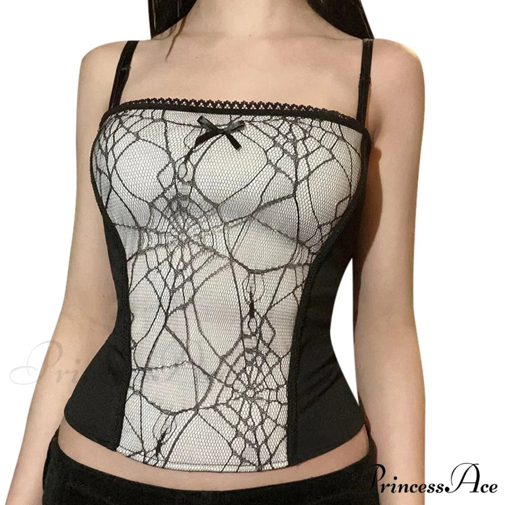 Gothic Spider Web Pattern Sleeveless Backless Zipper Crop Top WHITE / S