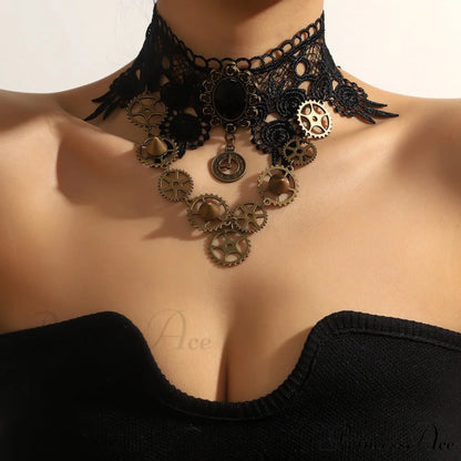 Gothic Steam Punk Black Lace Gear Exaggerated Necklace BLACK