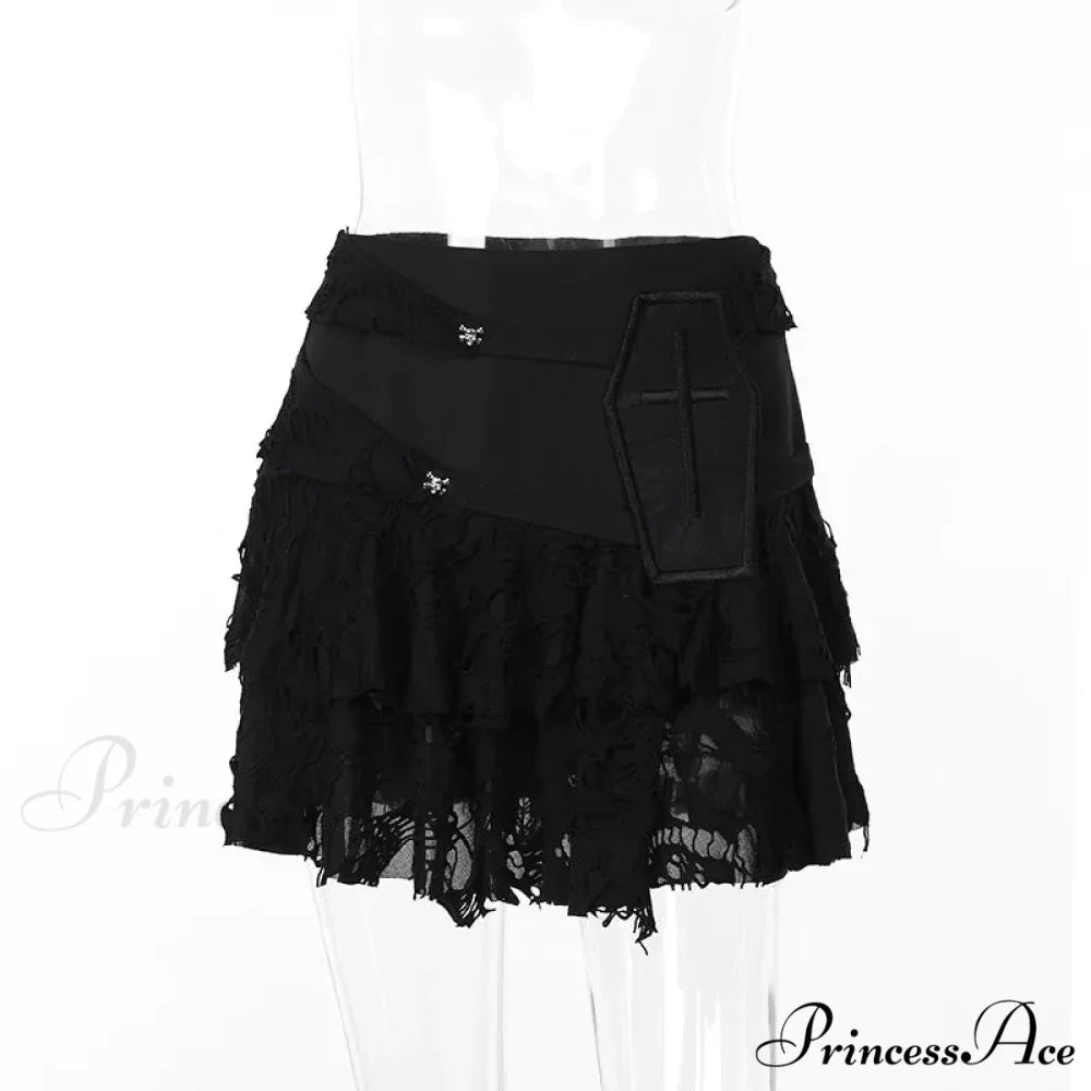 Gothic Style Sexy Lace Cake for Summer 2024 Women with Versatile Ripped Hole Fabric Skirt Black / S