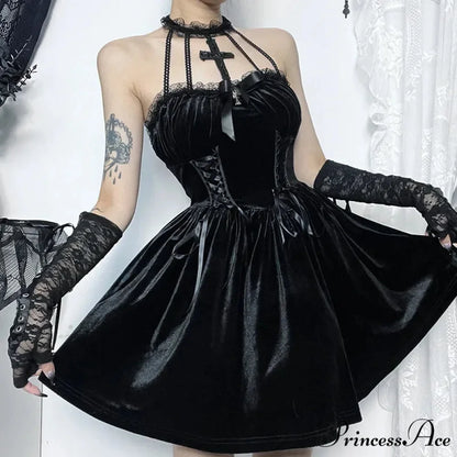 Gothic Velvet Criss-Cross Halter Dress Vintage Draped Lace Sleeveless Bodycon Backless A-Line Cocktail Party Dress