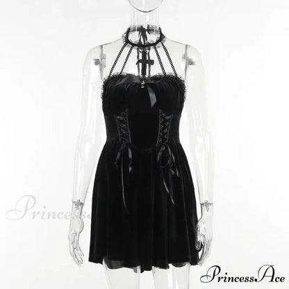 Gothic Velvet Criss-Cross Halter Dress Vintage Draped Lace Sleeveless Bodycon Backless A-Line Cocktail Party Dress