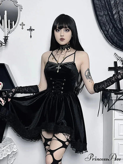 Gothic Velvet Vintage Spaghetti Strap Lace Up Bodycon Cami Romantic Casual Dress Black / S