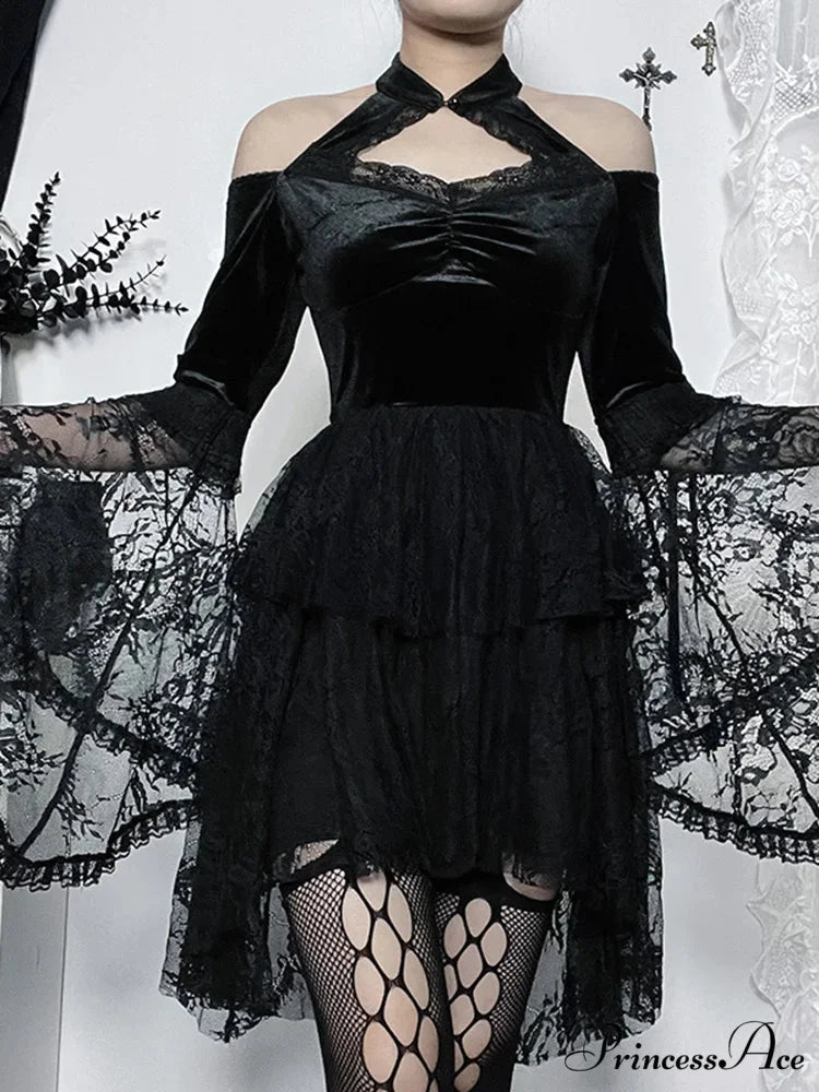 Gothic Vintage Off Shoulder Lace Cocktail Party Velvet Mesh Long Sleeves Halloween Cosplay Dress Black / S