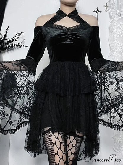 Gothic Vintage Off Shoulder Lace Cocktail Party Velvet Mesh Long Sleeves Halloween Cosplay Dress Black / S