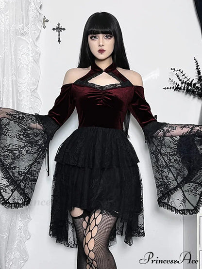 Gothic Vintage Off Shoulder Lace Cocktail Party Velvet Mesh Long Sleeves Halloween Cosplay Dress Claret / S