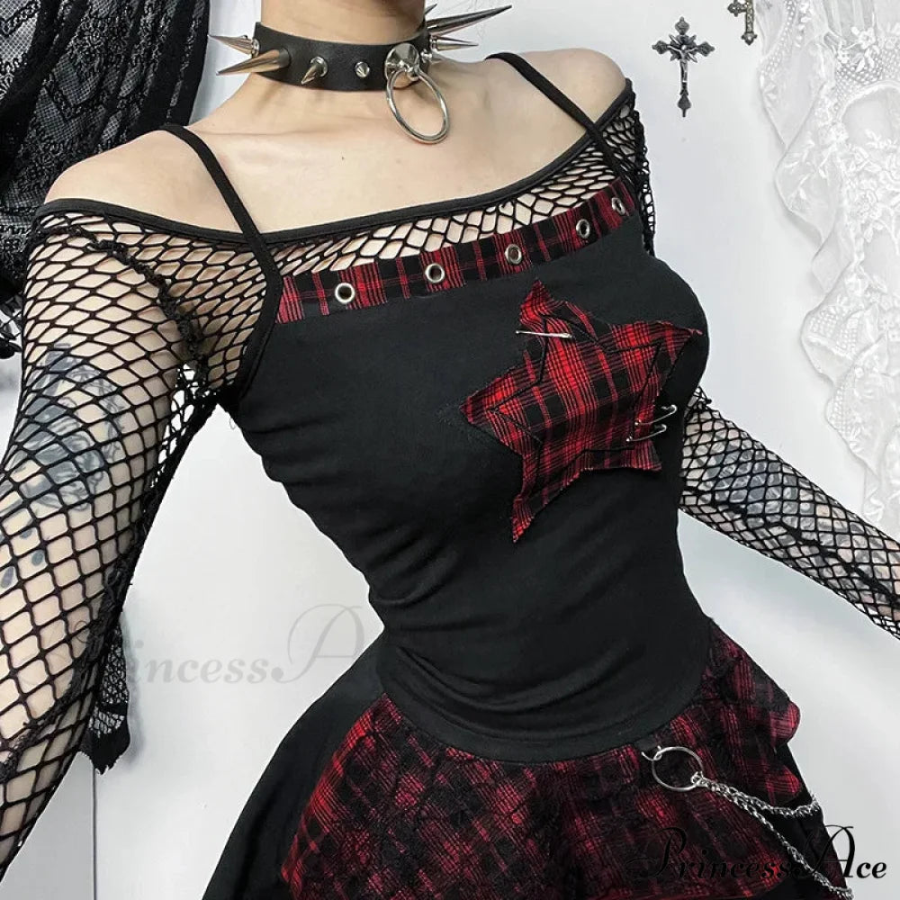 Gothic Vintage Punk Grunge Hip Hop Spaghetti Strap Star Ribbed Sleeveless Crop Top