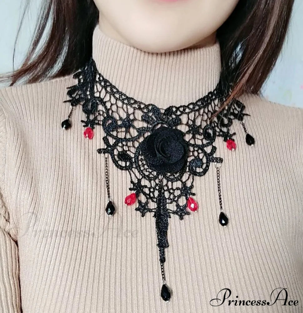 Gothic Vintage Rose Choker Pearl Necklace BLACK