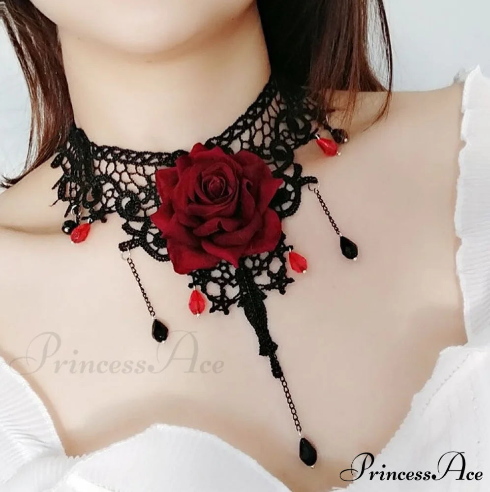Gothic Vintage Rose Choker Pearl Necklace RED