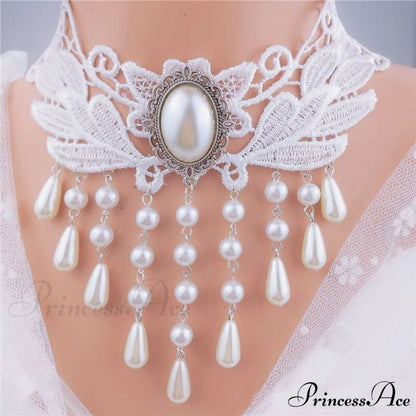 Gothic Vintage Rose Choker Pearl Necklace WHITE