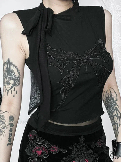 Gothic Vintage Sexy Butterfly Embroidered Lace Crop Top Beige / XS