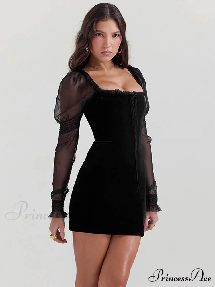 Gothic Wooden Ear Edge Wrap Hip Mesh Long Sleeve Square Neck Ruched Bodycon Mini Dress