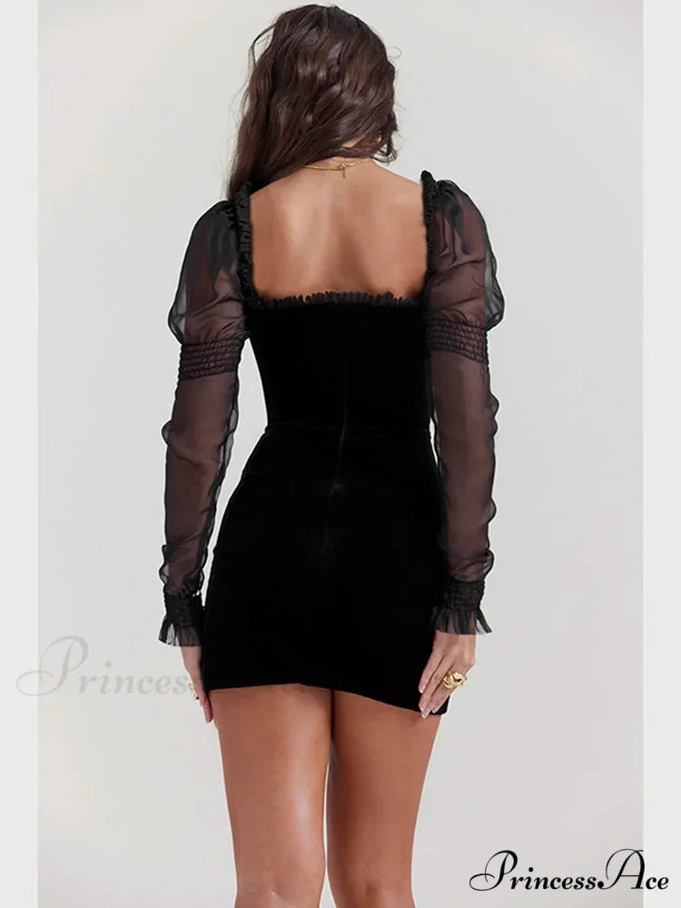 Gothic Wooden Ear Edge Wrap Hip Mesh Long Sleeve Square Neck Ruched Bodycon Mini Dress