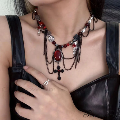Gothic Wrapped Flower Cross Pendant Unique Necklace RED