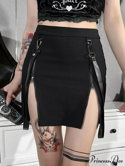 Gothic Zip Split Sexy Women Mini Grunge Strap Black High Waist Pencil E-girl Skirt Black / S