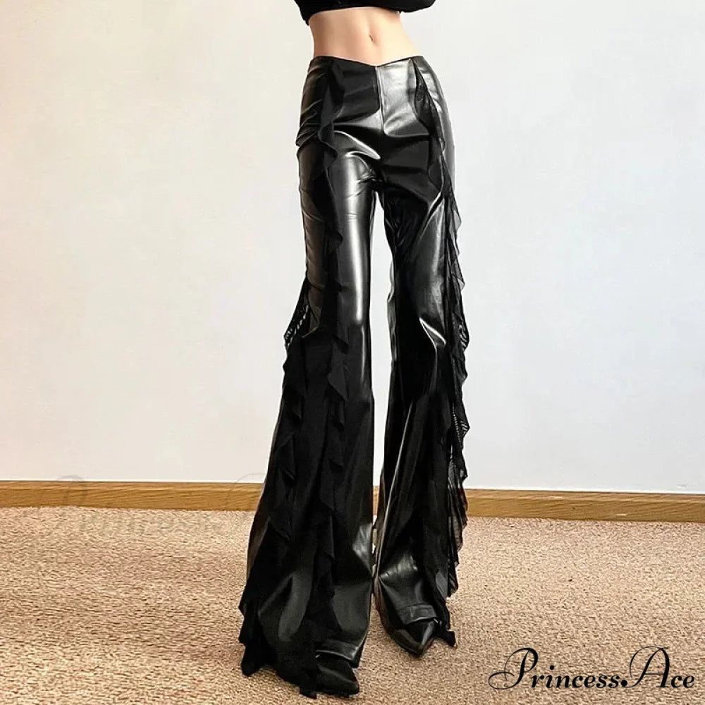 Gothic Zip Women Casual Flare Pants Faux PU Mesh Pants Black / S