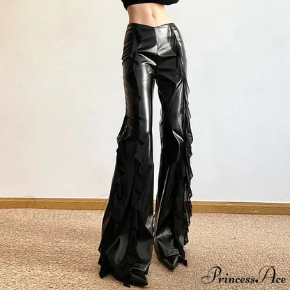 Gothic Zip Women Casual Flare Pants Faux PU Mesh Pants Black / S