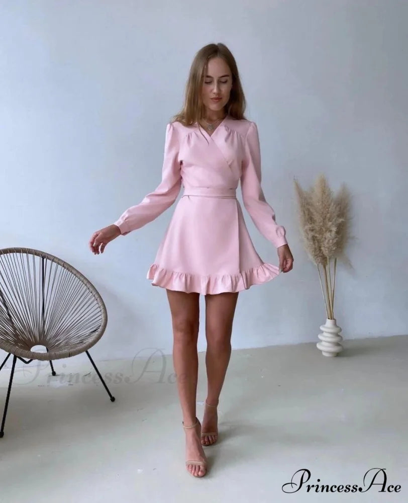 Gown Dresses Elegant Arm Women V-Neck Sweet Spring Long Party Solid Clothes Pink / S