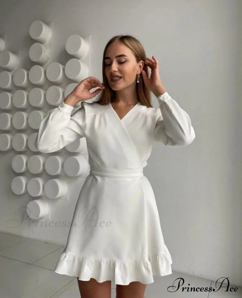 Gown Dresses Elegant Arm Women V-Neck Sweet Spring Long Party Solid Clothes white / S