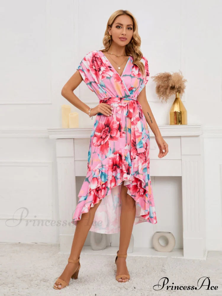 Gown Flowered for Front Wrap Design Midi Women
