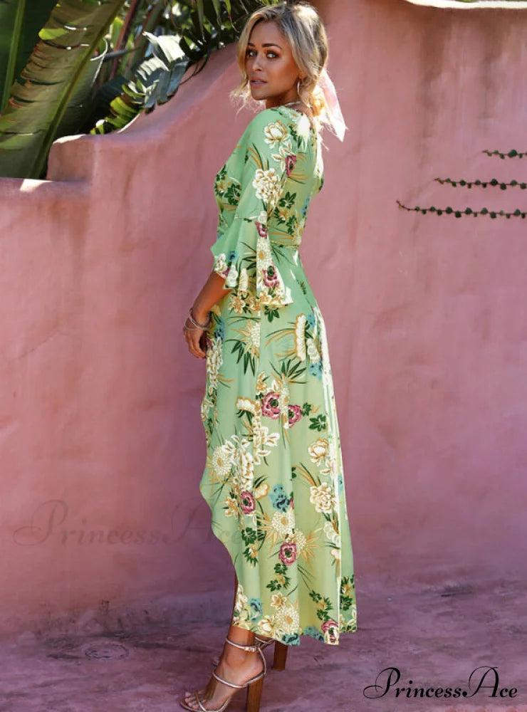 Gown Flowered for Neck Design Full-Length Vintage Warm-Season V Women S / Blue